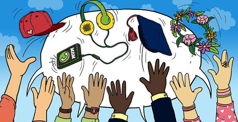 Image of hands reaching for a hat, earphones, grad hat in the air